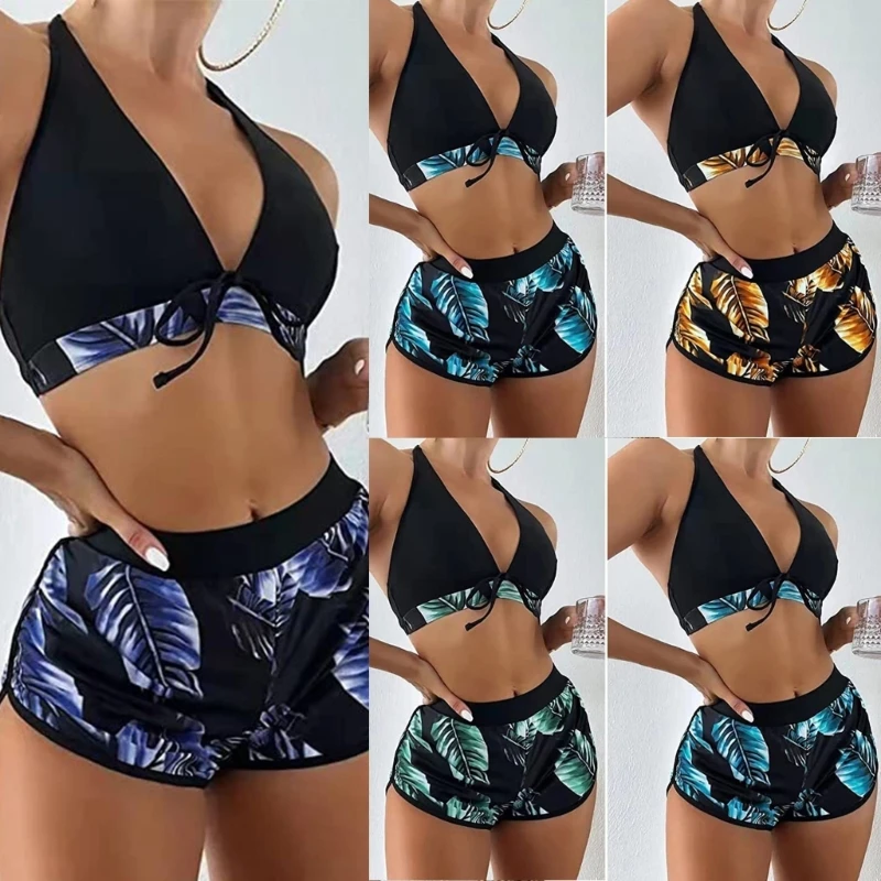 

Женский купальный костюм из трех предметов, топ на бретельках и шорты, комплект бикини с принтом листьев