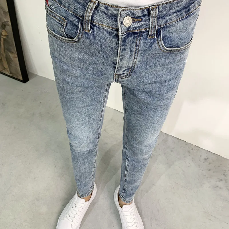 

Мужские Модные джинсы светло-голубые мужские облегающие брюки трендовые штаны стрейч одежда для подростков мужские брюки до щиколотки