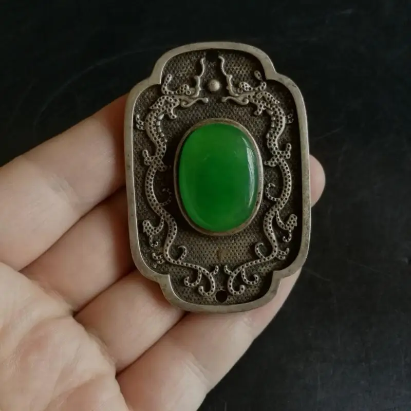 Rare Old China Silver Inlay Green Jade Gem Carved Ssangyong Pendant