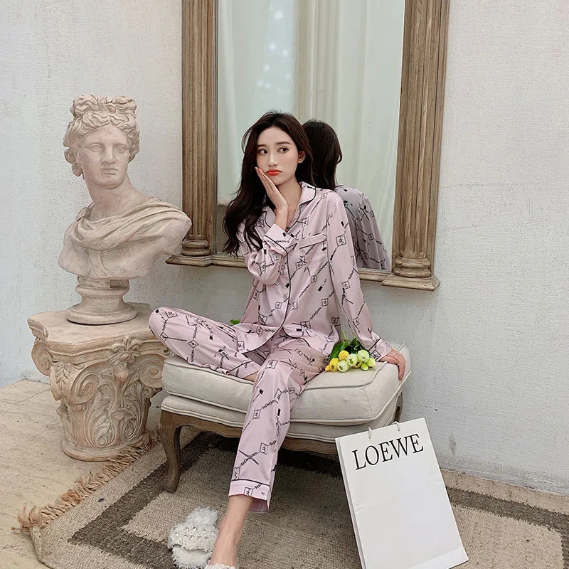 Women's Printed Satin Pajama Set Light Purple Silk Pajamas Suit Female Sleepwear