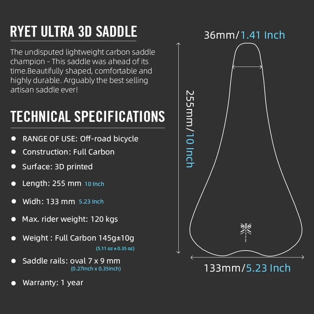RYET 3D Printed Saddle 145g 255*133MM Oval 7x9mm Ultralight Carbon Seating Cushion Road mountain Gravel Bike Parts