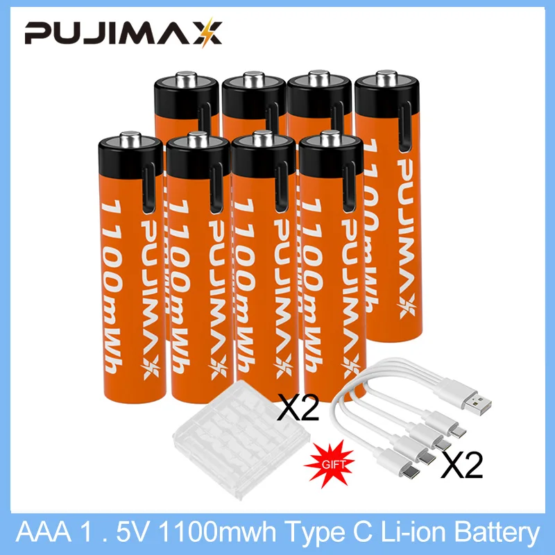

PUJIMAX Battery AAA1.5V 1100mWh Li-ion Type C Rechargeable Battery With LED Light 1.5V Constant Voltage Charging For Alarm Clock