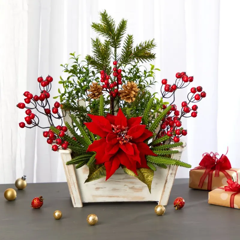 

18" Poinsettia, Succulent and Berry Artificial Flower Arrangement in Bench Planter, Red Wedding Party Vase Home Autumn Decoratio