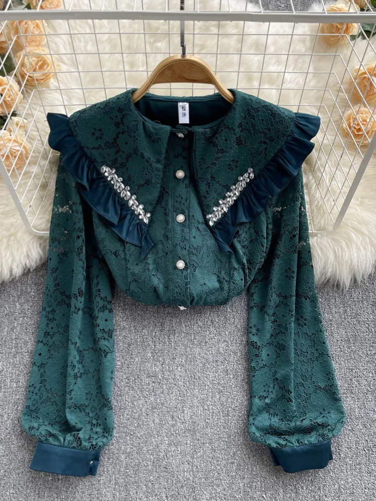 

Women Spring design sense niche fungus edge diamond-studded doll collar age-reducing all-match sweet lace Shirt top female D0677