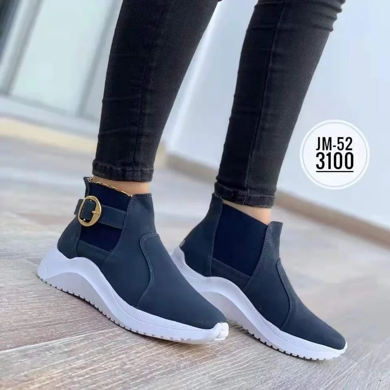 Hot Sale Women's High-top Sneakers Casual Shoes PU Vamp Round Toe Wedge Heel Metal Decoration Large Size Sneakers