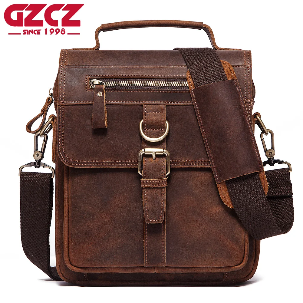 

Luxury Design Crazy Horse Leather Men Messenger Bags for 7.9in iPad Vintage Travel Handbag Zipper Metal Business Shoulder Bag