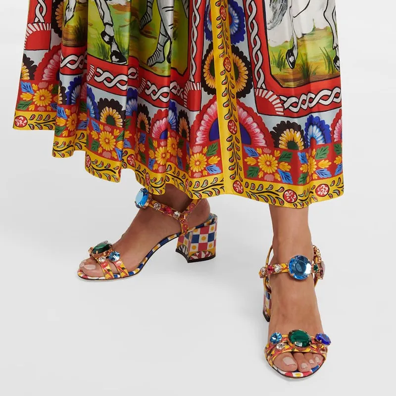 

2022 Summer New Bohemian Rhinestone Buckle Strap Word Fairy Sandals with Thick Heels Open Toe Versatile Mid Heel Sandals