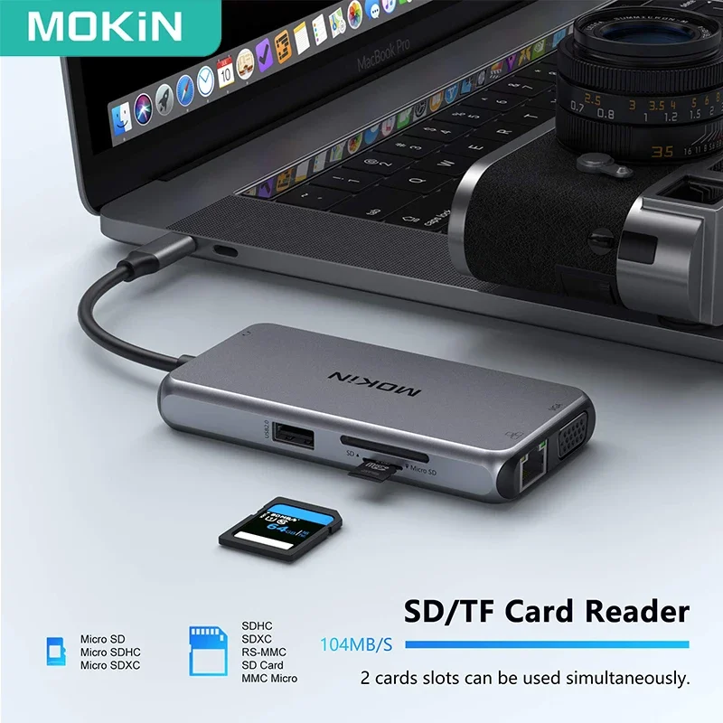 MOKiN 9 в 1 USB-концентратор типа C Многопортовый адаптер HDMI Ethernet VGA PD Порт USB 3.0 HUB SD/TF для