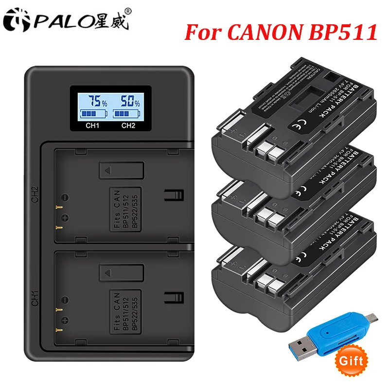 

PALO 2650mAh BP-511 BP 511 BP511 BP511A Battery + LCD USB Dual Charger For CANON EOS 40D 300D 5D 20D 30D 50D 10D D60 G6 Camera