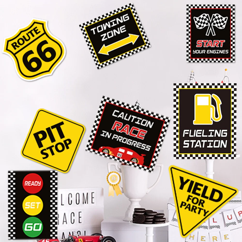 Гоночный автомобиль Принадлежности для дня рождения Клетчатые флаги Гоночные