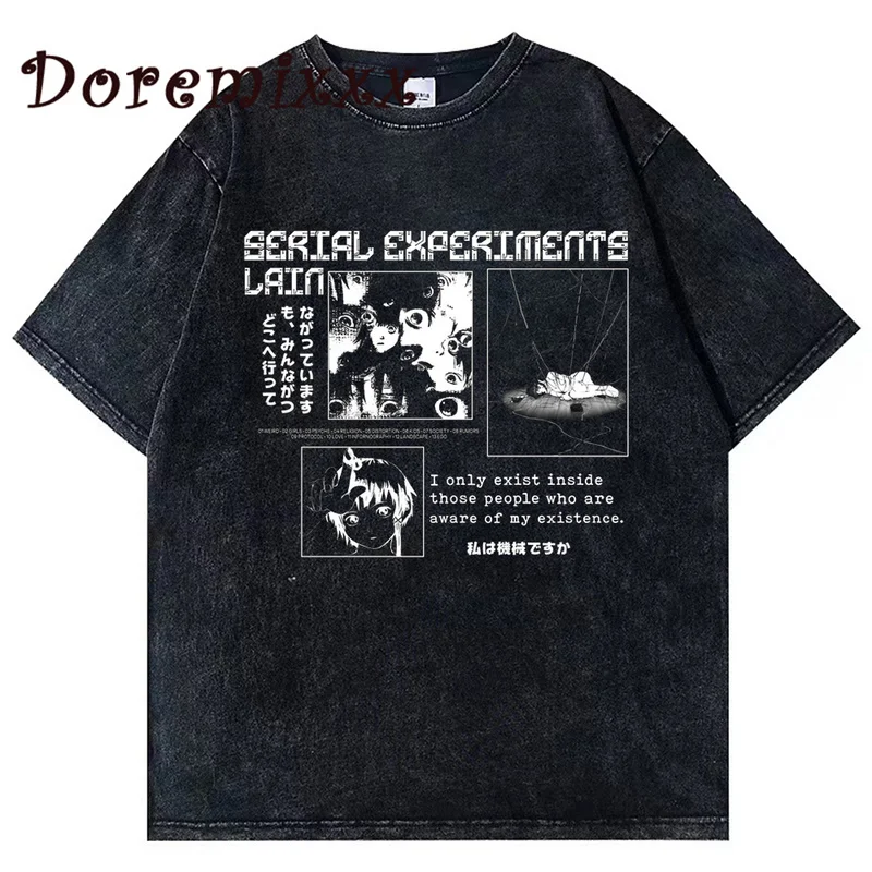 

Serial Experiments Lain Graphic Print Unisex Tshirt Vintage Washed T-shirt Women Harajuku Streetwear Oversized Tops Cotton Tees