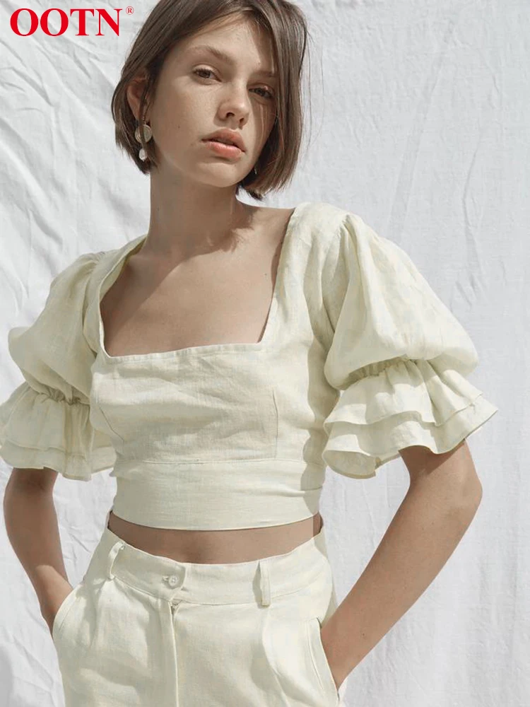 

Женские блузки с рюшами OOTN, бежевые, с квадратным воротником, с пышными рукавами, на шнуровке, повседневные, с открытой спиной, сексуальные л...