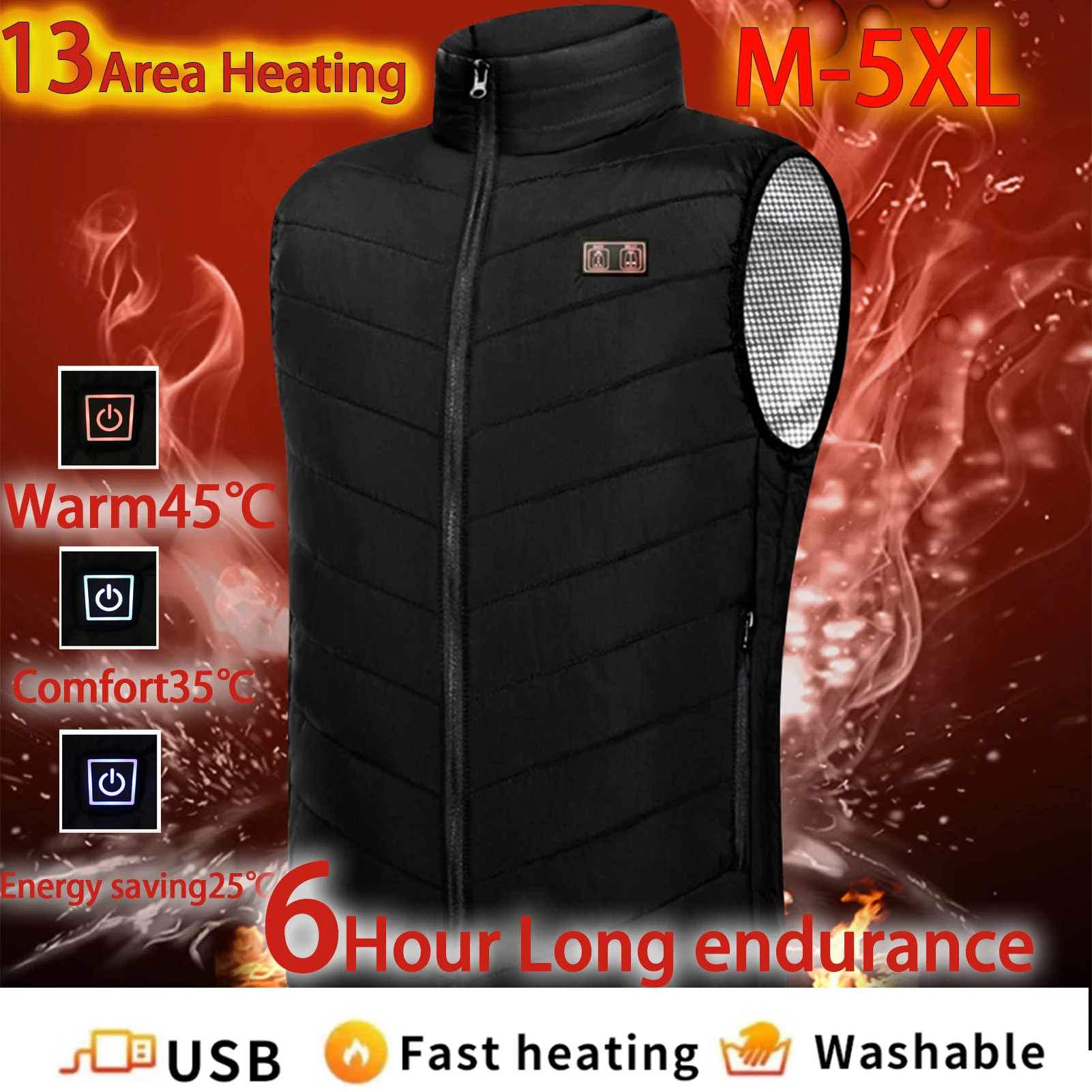 

13 Places Areas Thermal Waistcoat Washable USB Winter Heated Jacket Oversized 5XL Electric Heated Vest for Outdoor Hunting 2023