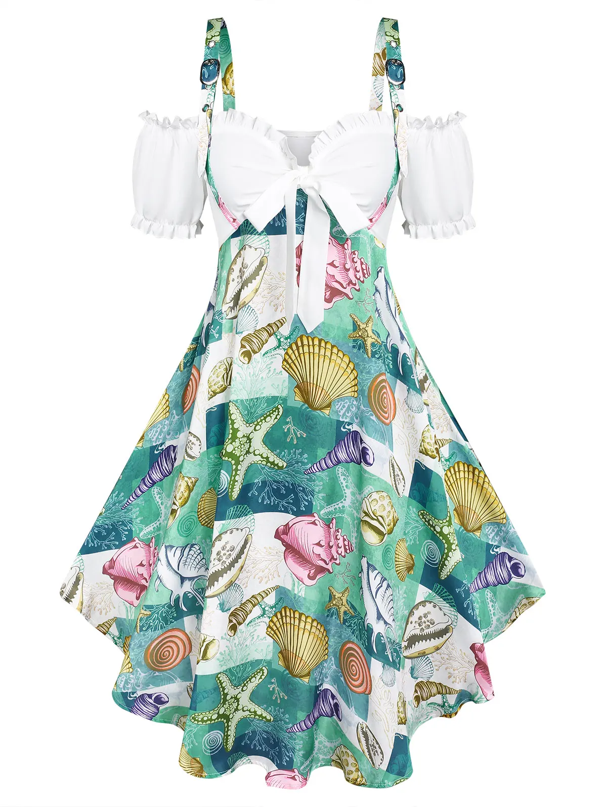 

Cold Shoulder Marine Life Print Bowknot Dress Lilita Girl Mini Robe Open Shoulder Fit And Flare Vestido