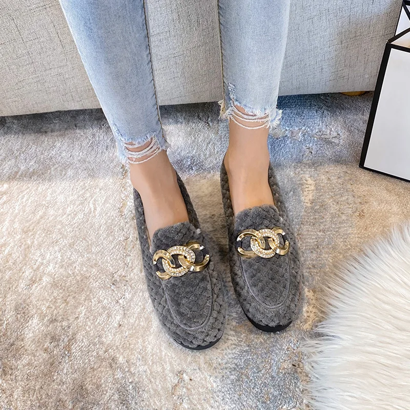 Brand Winter Cotton Fur Flats Women Thicken Soled Wool Loafers Ladies Comfy Lambswool Moccasin Big Size 42/43 Shoes