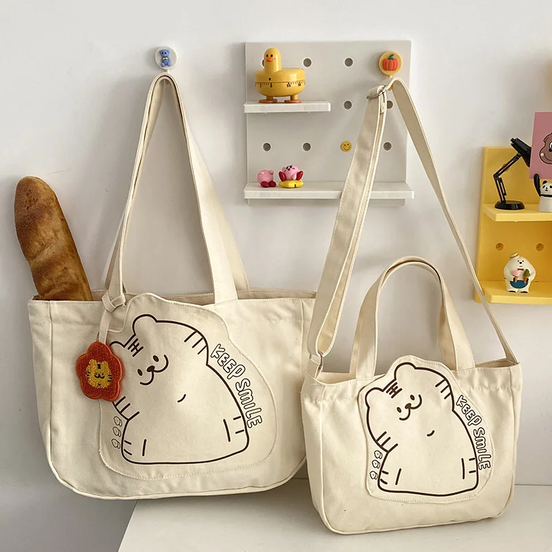 

Women Canvas Shoulder Bag Cute Little Tiger Books Bag For College Girl Large Capacity Shopping Bag Cotton Cloth Fabric Big Tote