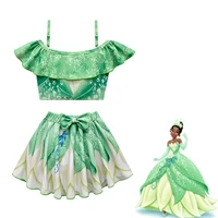 disney 2 pcs princess and frog cosplay costume tianna ruffles off shoulder cartoon ruffle tops skirt with bowknot suit