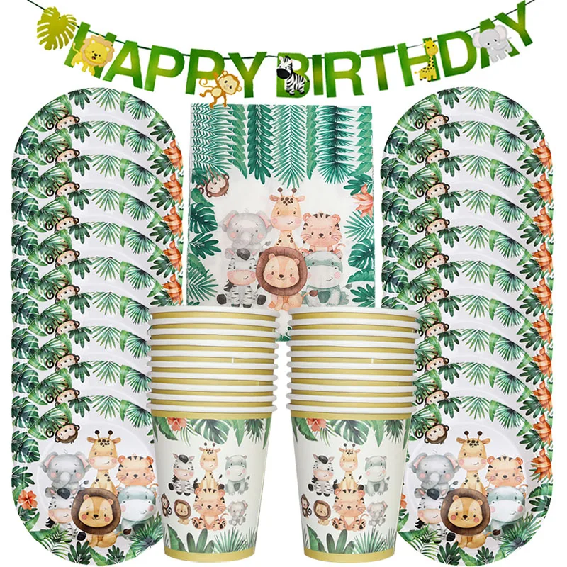 

Kids Wild Animal Tableware Boy Supplies Party Disposable Forest Leaves Birthday Party Safari One Jungle Palm Set Birthday Decor