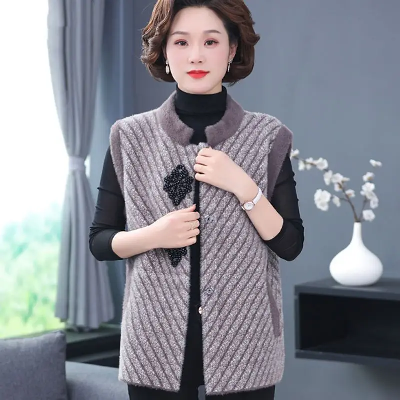 

Women 2023 Autumn Winter New Striped Sleeveless Coats Female Middle-aged Warm Vest Ladies Stand Collar Casual Waistcoat B108