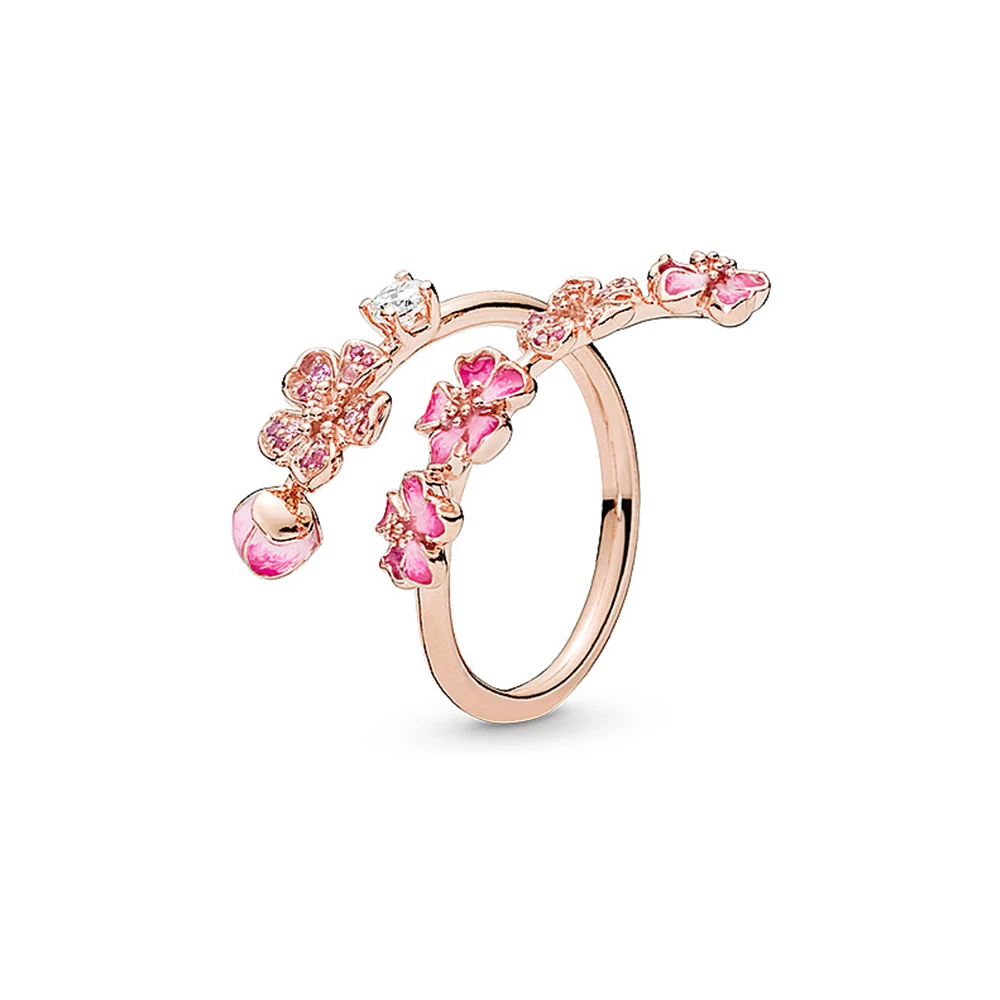 

925 Sterling Silver Pink Peach Blossom Flower Branch Open Ring fit Pandora for Women Birthday Jewelry Gifts