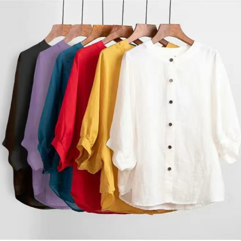 

Рубашка женская из хлопка и льна, модная Повседневная Свободная блузка с коротким передом и длинным разрезом, в Корейском стиле, лето 2022