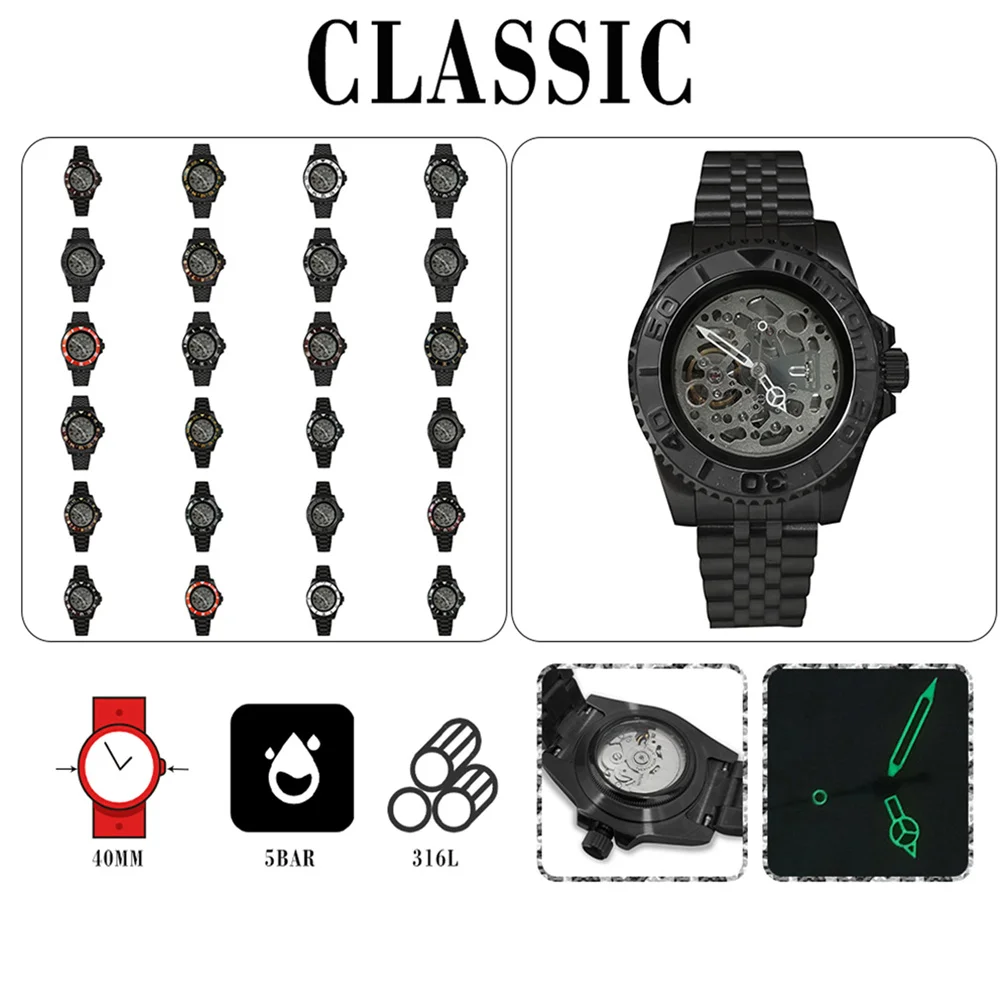 

Men Mechanical Watch PVD Black 40MM Stainless Steel Case Sapphire Glass Skeleton Dial Green Luminous Hands with NH70 Watch