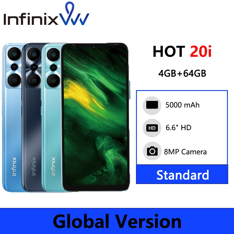 

Global Version Infinix Hot 20i X665E 4GB+64GB Smartphone 6.6" Display 5000mAh Battery 8MP FF /13MP AF Triple Camera GPS 4G