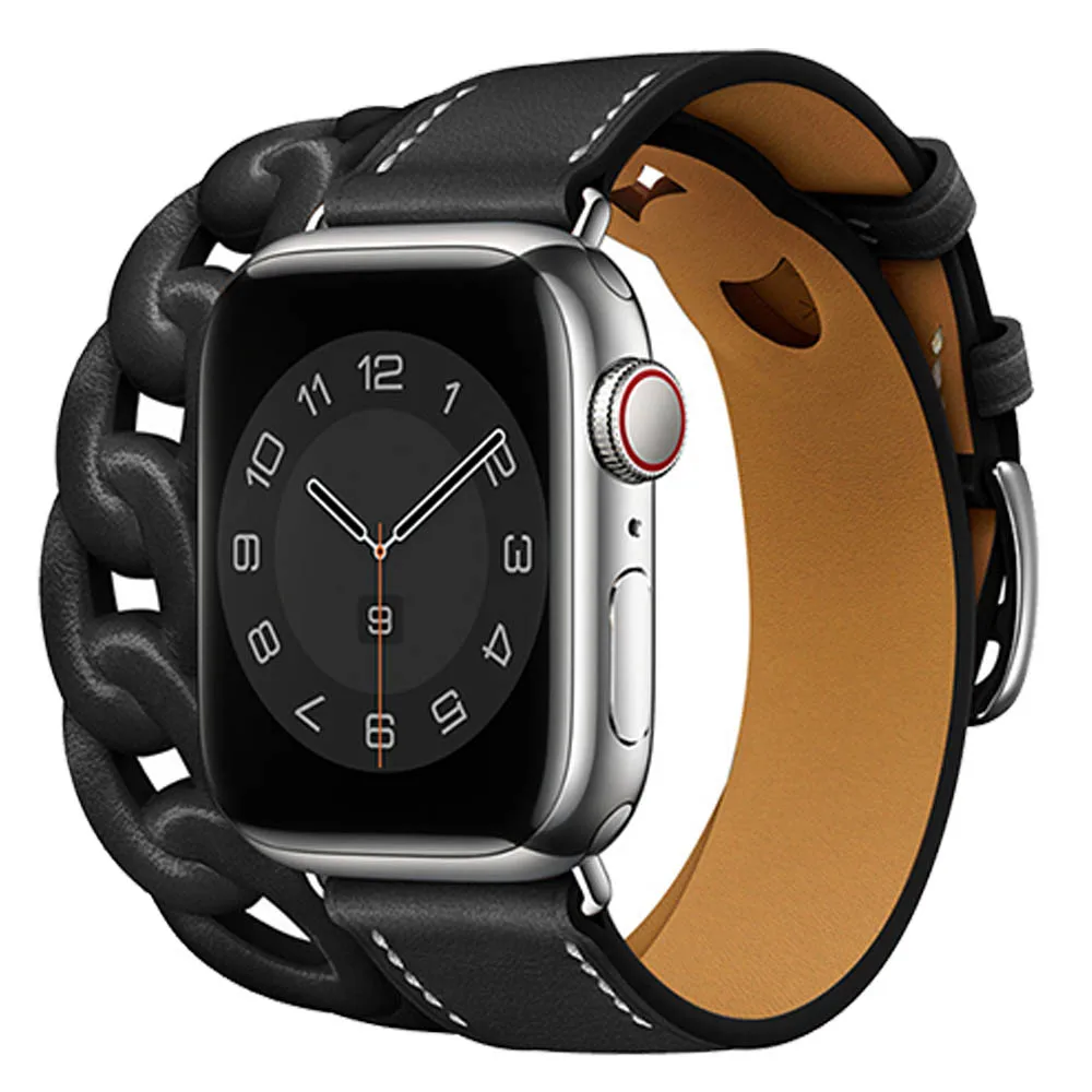 Logo Genuine Leather Loop For iWatch Ultra 49mm 8 7 41mm 45mm Gourmette Double Tour Strap For Apple Watch Band 44mm 42mm 38 40mm