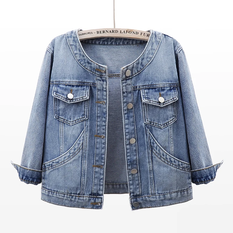 

Джинсовая куртка женская короткая с большими карманами, приталенная короткая ковбойская верхняя одежда из денима с круглым вырезом и длинн...