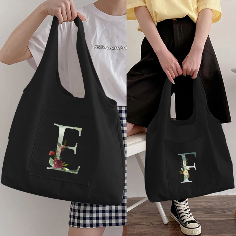 

Ink Letter Women Shopping Bag Canvas Cloth Female Environmental Storage Shoulder Bag Handbag Reusable Foldable Eco Grocery Totes