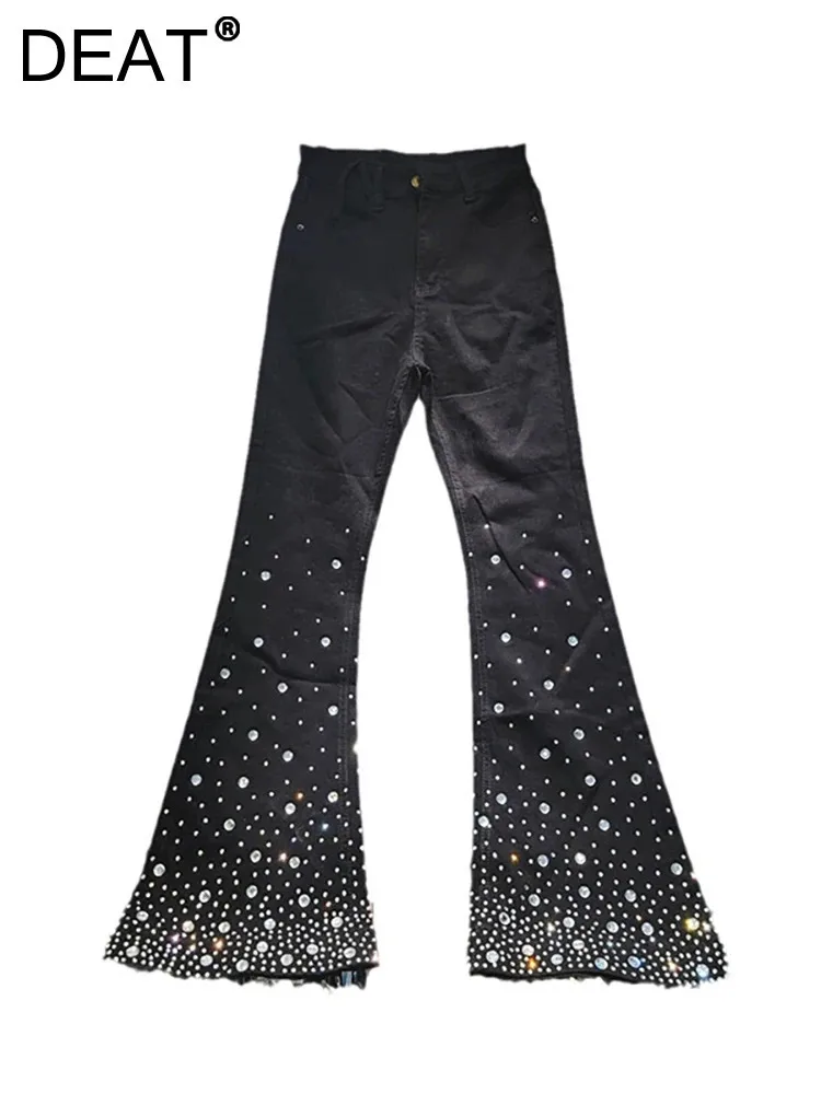 DEAT женские джинсы с высокой талией тонкие эластичные брюки-клеш со стразами