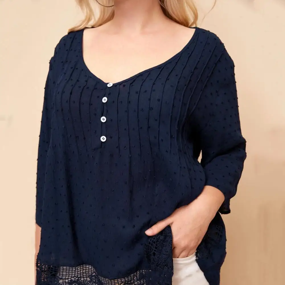 

Casual Blouse V-neck Buttons Decor 3/4 Sleeves Jacquard Summer Shirt Solid Color Crochet Lace Trim Pullover Blouse camisetas