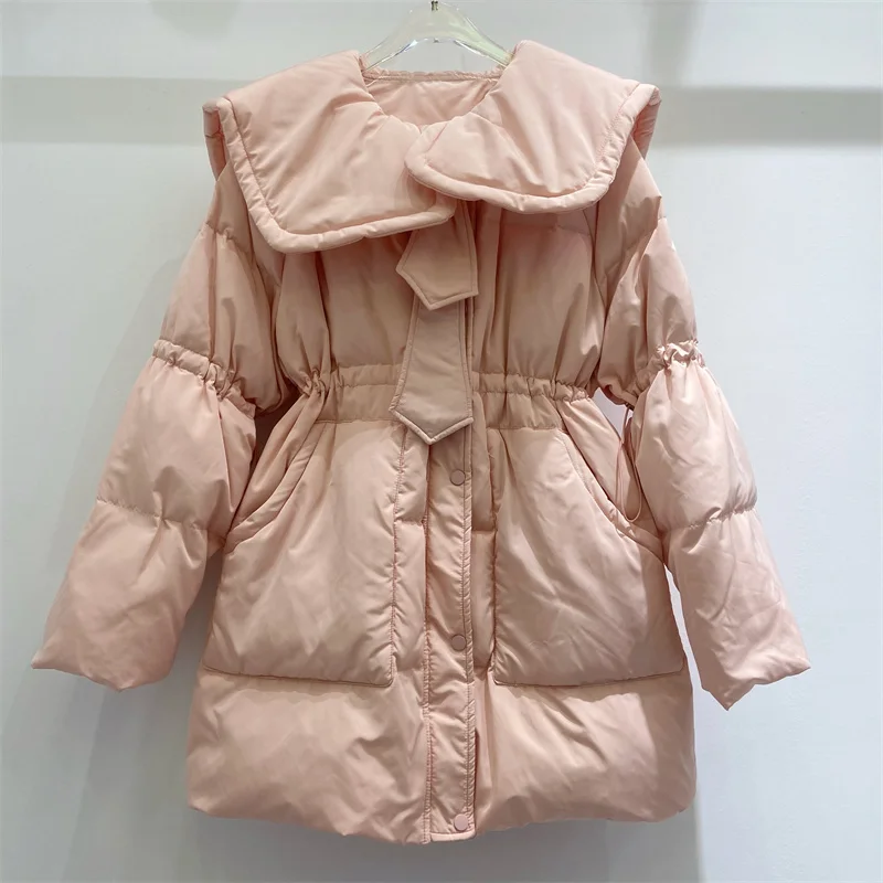 

Korean College style 2022 New White Duck Down Casual Winter Women Loose Navy Shawl Collar Coat Thick Warm Outerwear Fashion