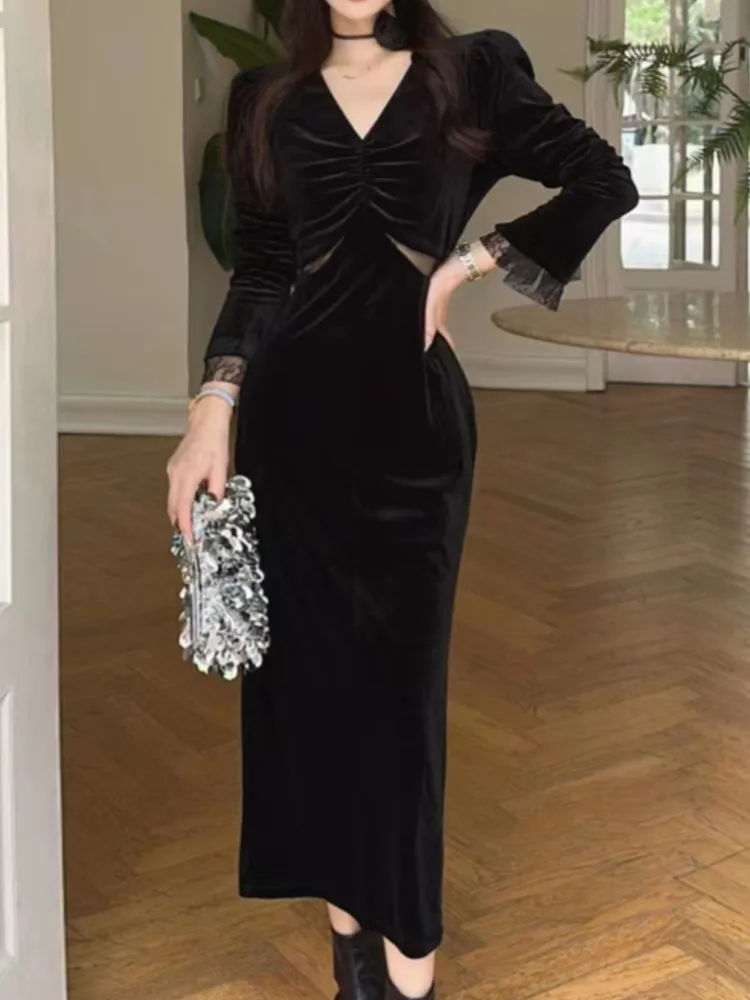 

Autumn Sexy Women Velvet Bodycon Slim Black Dress Long Sleeve Casual Evening Party Club Midi Vestidos Female Clothes Robe