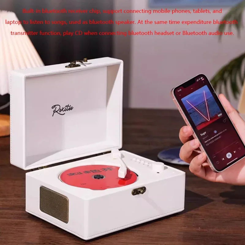 Фото Винтажный кожаный CD-проигрыватель, двухсторонний Bluetooth 5.0 Built-in динамик, портативный Перезаряжаемый музыкальный проигрыватель CD, USB-проигрыватель без потерь №4