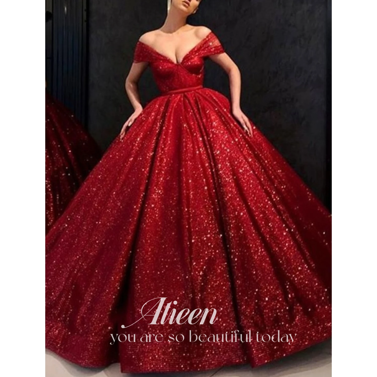 

Aileen Glitter Wine Red Prom Dress Off The Shoulder Evening Dress Glitter Sequins فستان سهرة Shiny Ball Gown Party Dress Dresses