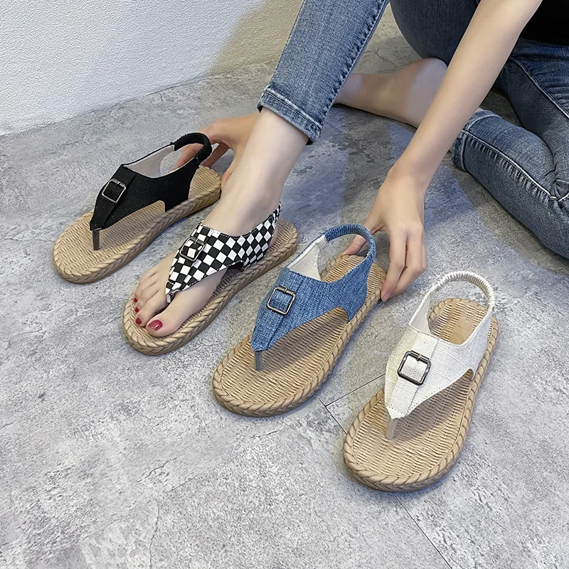 

Flip Flops Sandals Canvas Belt Buckle Female Shoes Summer Clip Toe Women Flats Slippers 2022 New Rome Fashion Women Slides