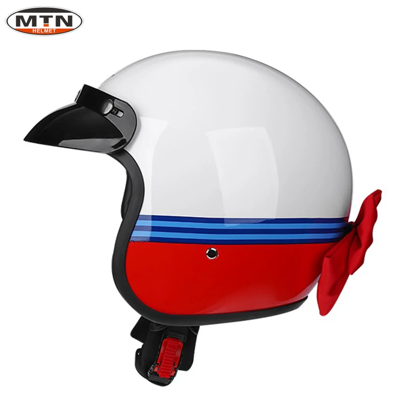 

MTN Motorcycle Helmet with Bows Decoration Fashion Helmet White and Red Color Open Face Motor Cycle Helmet