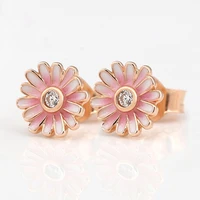 authentic 925 sterling silver sparkling pink daisy flower with crystal stud earrings for women wedding gift pandora jewelry
