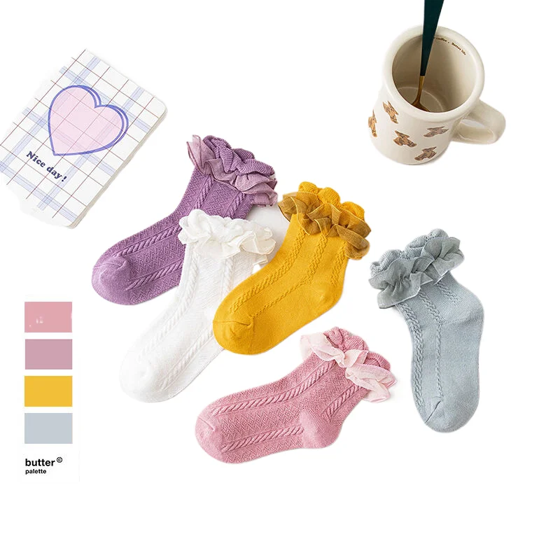5 Pair 2023 Spring/Summer Double Layer Lace Mid tube Socks Thin Solid Color Socks for Boys and Girls