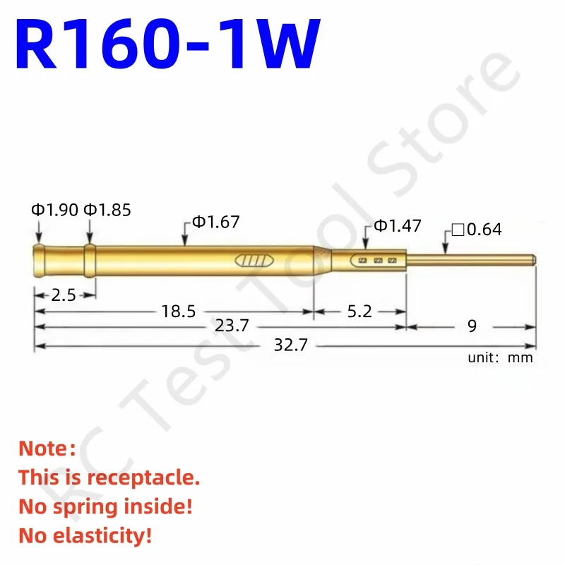 

100PCS R160-1W Test Pin P160-B1 Receptacle Brass Tube Needle Sleeve Seat Wire-wrap Probe Sleeve Length 32.7mm Outer Dia 1.67mm