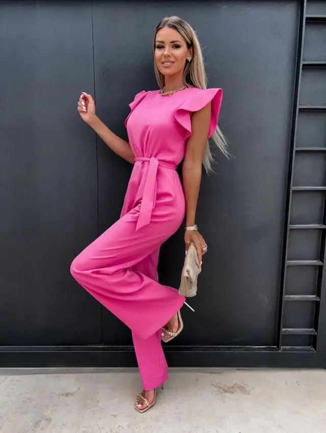 2022 Autumn Office Women's Jumpsuit Rompers O-neck High Waist Butterfly Sleeve Lace Up Suits Female Fashion Elegant Lady Clothes