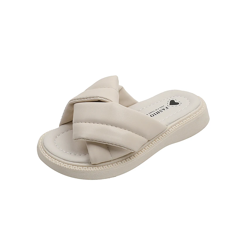 

Fashion Outdoor Children Shoes Girls Flat 2022 Summer New Korean Wind Round Toe Soft Solid Beige Causal Spiral Princess Slippers