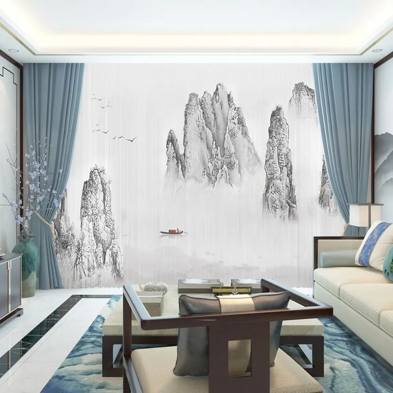 

Custom Chiffon Sheer Curtain Window Drape for Bedroom Living Room Mountain Hills River Boat Painting Khaki Gray Brown Pink Blue