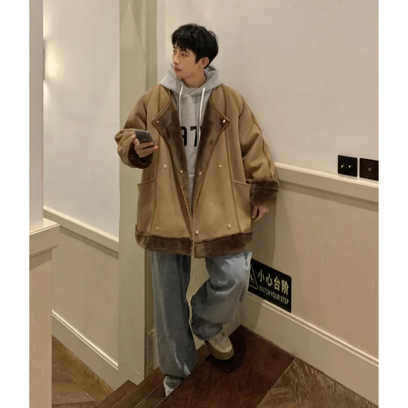 Winter Jacket Men Warm Fashion Retro Thicke Lamb Hair Jacket Mens Streetwear Korean Loose Short Coat Mens Thick Leather Jackets