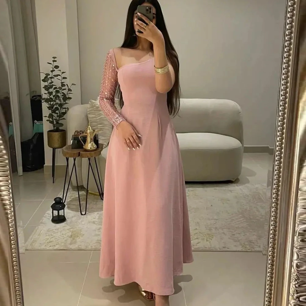 

Carolina One-Shoulder Pink Evening Dresses Women Saudi Arabia Long Sleeve Satin Vintage Wedding Guest Elegant Formal Party Gowns