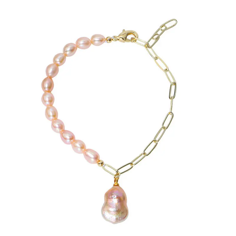 

Женский браслет с натуральным барочным жемчугом, асимметричный браслет розового цвета с подвесками, 2022