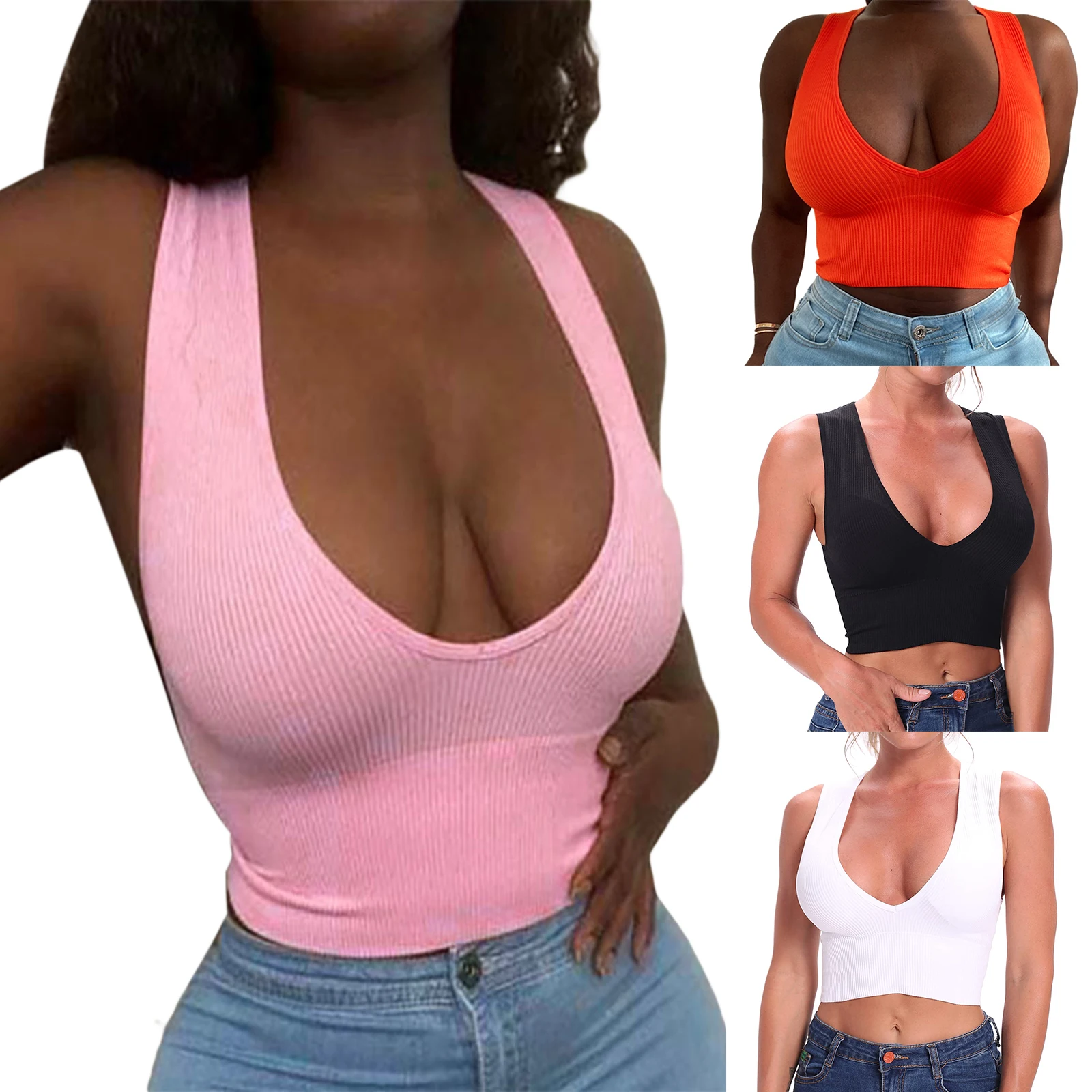 

Women Summer Sexy Vest Seamless Underwear Sexy Lingerie Solid Color Ribbed Wide Shoulder Strap Deep V-Neck Sleeveless Crop Tops