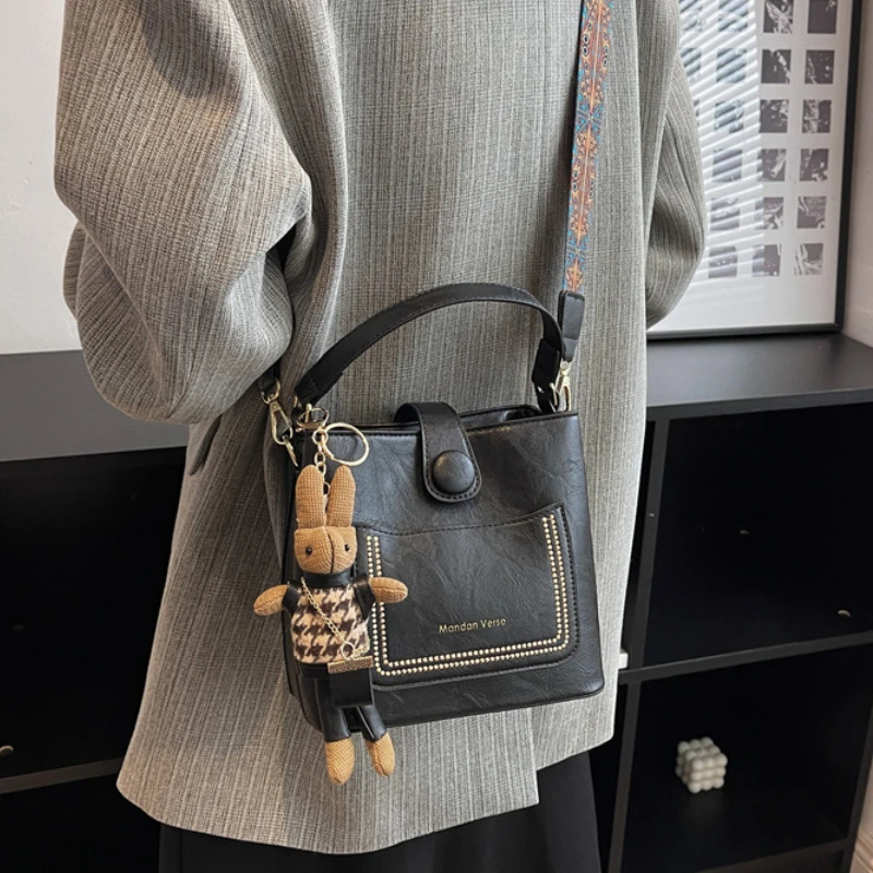 

Vintage Simple Small PU Leather Bucket Crossbody Bag for Women 2023 Designer Fashion Lady Luxury Black Shoulder Handbag