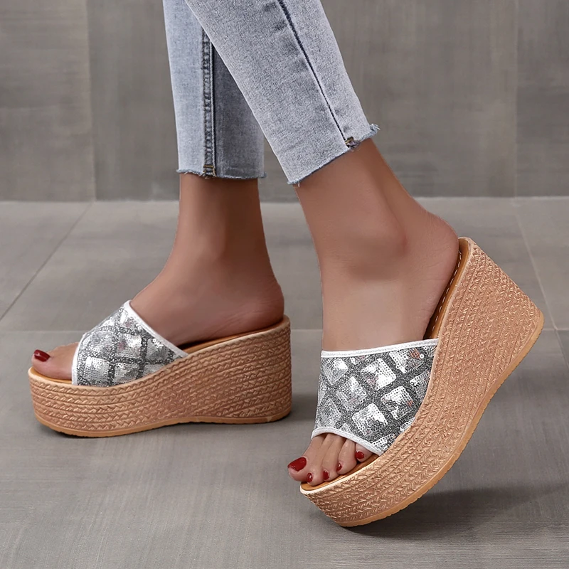 

Wedge Slippers Women Fashion Sequins Shoes Summer Peep Toe Sandals Platform Slippers Outdoor Casual High Heel Large Size 35~43